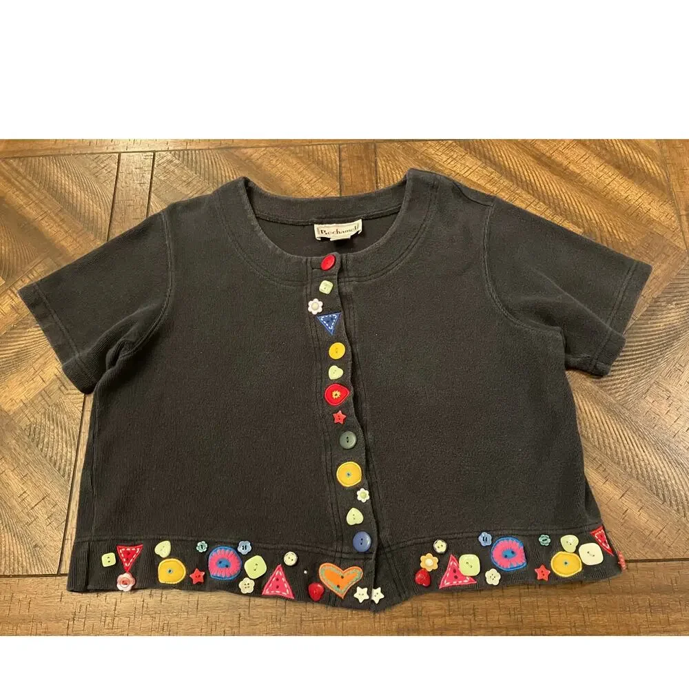 Bechamel Womens Cardigan Size L Black Button Embellished Short Sleeve Cotton - Picture 1 of 8
